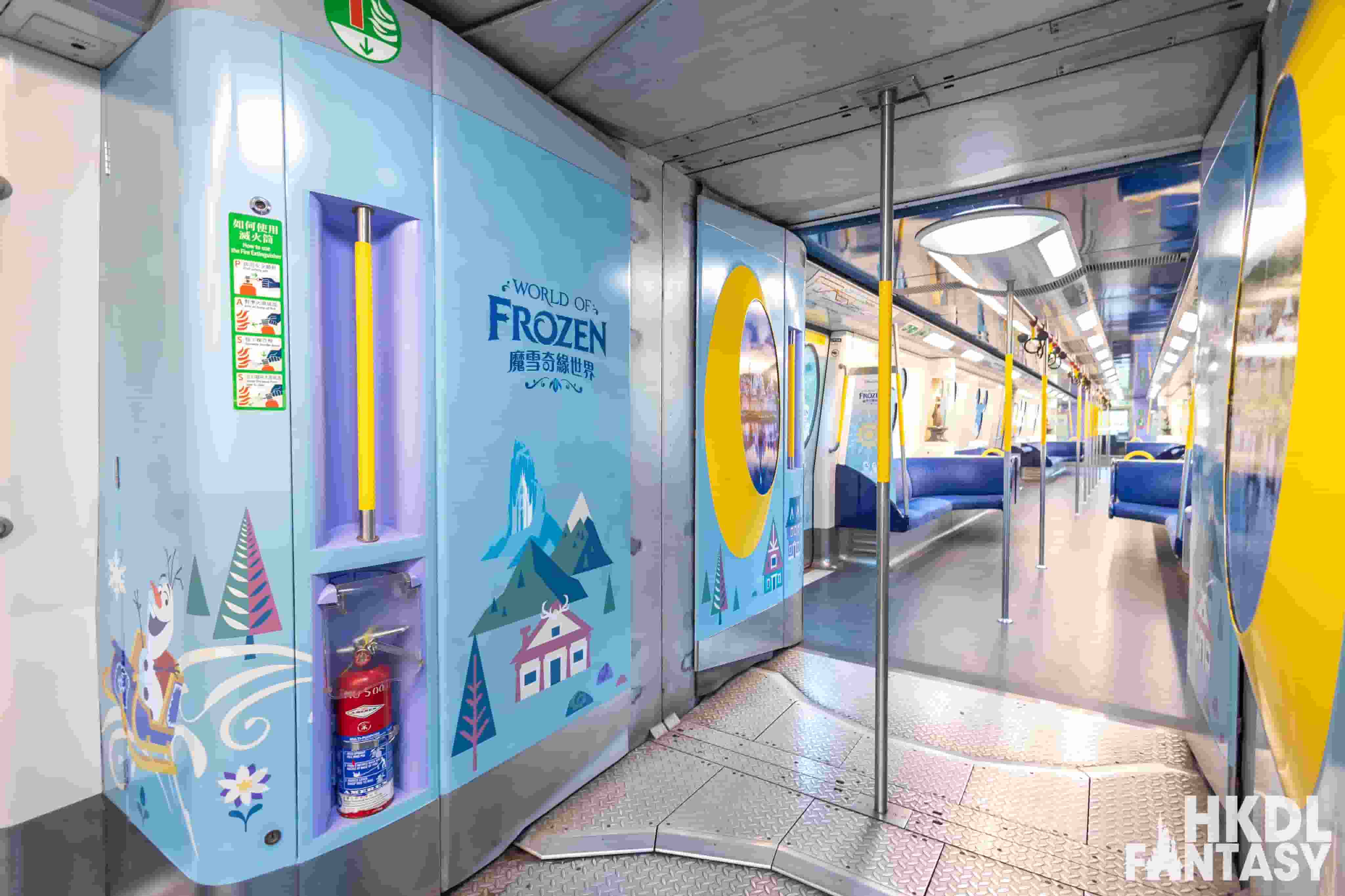 Photo of the Disneyland MTR line train interior with the World of Frozen promotion